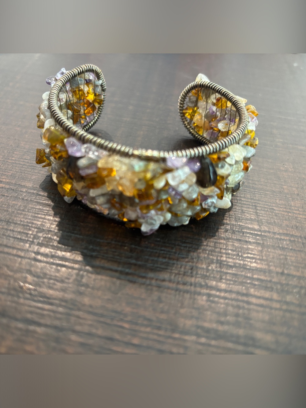 Vintage Handmade Wire Wrapped Gemstone Chip Cuff Bracelet – Amethyst & Citrine